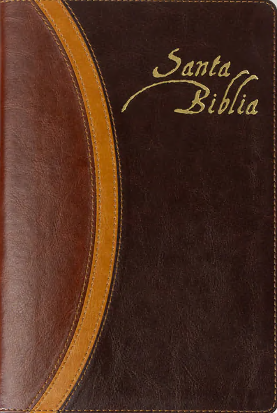 Una Biblia Reina-Valera Gómez encuadernada en cuero marrón y beige, con la inscripción «Santa Biblia» en letras doradas en la cubierta, ideal para los Estudios Bíblicos Esenciales o como complemento de cualquier Comentario de Elena G. de White.