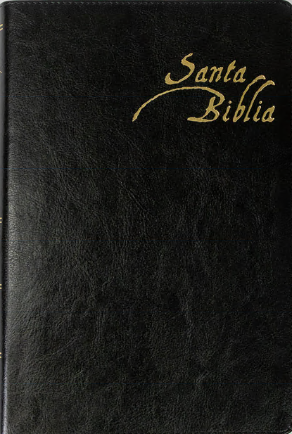 Una cubierta de cuero negro con las palabras «Santa Biblia» escritas en letra cursiva dorada, lo que indica que se trata de una edición en español de la Biblia Reina-Valera Gómez.