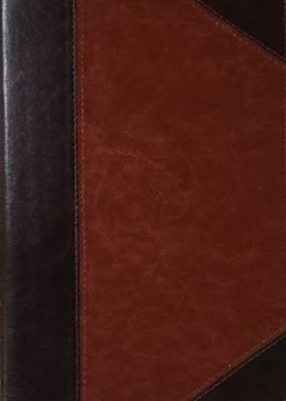 Una Biblia de letra grande, cerrada y encuadernada en cuero, con una cubierta marrón decorada con franjas verticales y diagonales de color marrón oscuro.