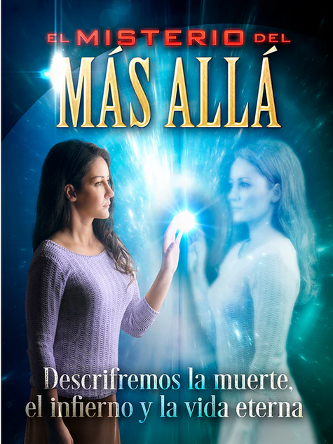 Una mujer toca un portal resplandeciente y se encuentra con su propio reflejo; el texto en español explora «el alma inmortal» y desentraña los misterios de la muerte, el infierno y la vida eterna.