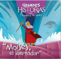 Ilustración de Moisés abriendo el mar, con un bastón en la mano, y el texto: «Grandes Historias para Pequeños Lectores: Moisés, el libertador». Ideal para cuentos infantiles y libros ilustrados con actividades de comprensión.