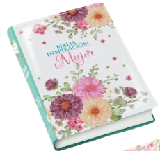 Una «Biblia compacta» decorada con motivos florales, titulada «Biblia Inspiración Mujer», con flores en tonos pastel sobre fondo blanco, incluye una «Breve concordancia» y utiliza la traducción de la Biblia Reina-Valera de 1960.
