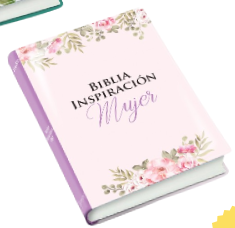 Una Biblia Reina Valera 1960 compacta, de color rosa y morado, con decoraciones florales y la inscripción «Biblia Inspiración Mujer» en la portada, que incluye una breve concordancia para facilitar la consulta.