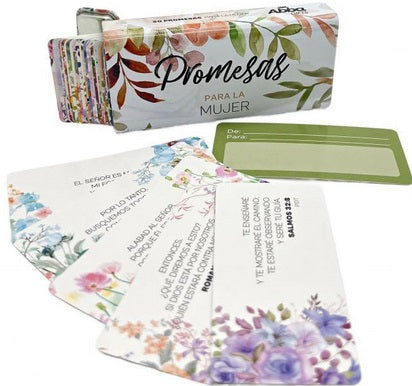 Un juego de tarjetas decorativas con promesas bíblicas titulado «Promesas para la Mujer», con diseños florales y texto en español; algunas de las tarjetas se muestran abiertas y cuentan con espacios para los nombres y la dedicatoria.