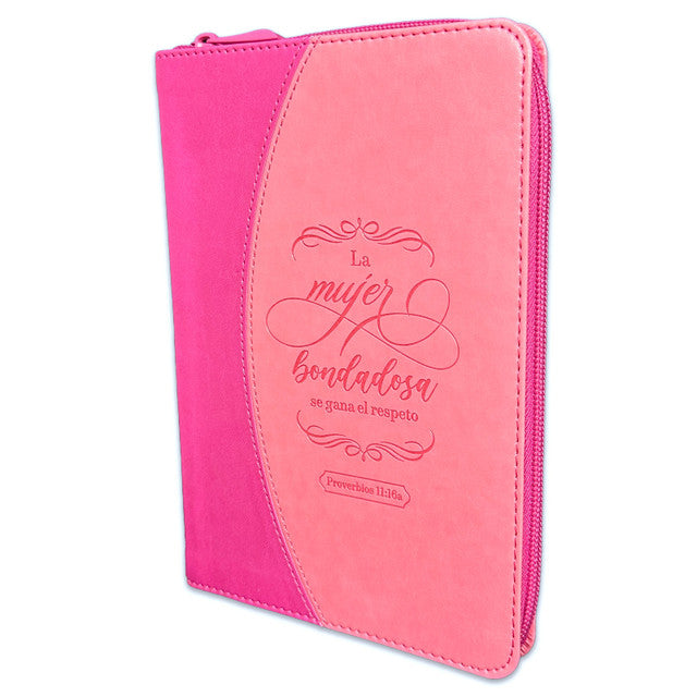 Libreta rosa y fucsia con cremallera, con el texto en español «La mujer bondadosa se gana el respeto» (Proverbios 11:16) grabado en relieve en la portada, perfecta como diario para tomar notas.