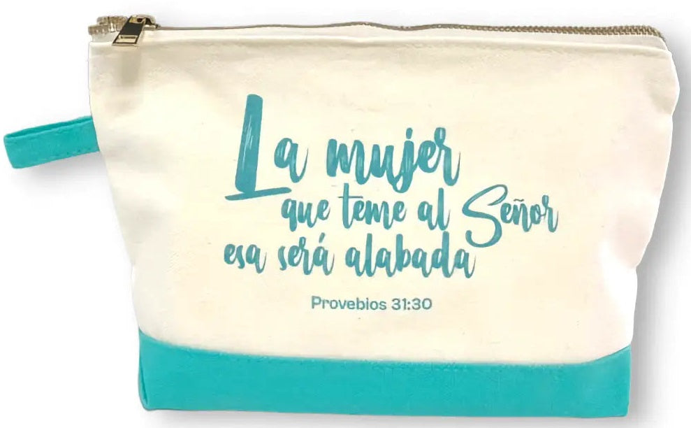 Estuche de algodón en tonos beige y turquesa con texto en español: «La mujer que teme al Señor será alabada». Proverbios 31:30: perfecto para la mujer cristiana.