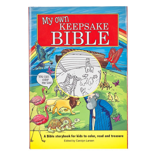 Portada de «My Own Keepsake Bible», un colorido libro infantil en el que aparecen el Arca de Noé, animales, un arcoíris y una sección en blanco y negro para colorear: una experiencia interactiva con las Escrituras perfecta para los lectores más jóvenes.