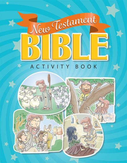 Portada de un libro de actividades sobre el Nuevo Testamento que incluye historias ilustradas de Jesús para niños: escenas de Jesús con ovejas, niños, Zaqueo en un árbol y una mujer a sus pies, todo ello sobre un fondo azul con un efecto de estrellas.