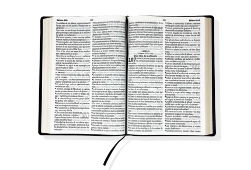 Una Biblia Reina-Valera de formato abierto y fácil de manejar, con el texto en español, yace abierta sobre una superficie blanca, mostrando dos páginas y un marcapáginas de cinta negra colocado en el centro.