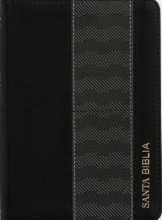 «Santa Biblia» (Biblia portátil) de imitación de cuero negro, con un panel con rayas en espiga texturizadas, letras doradas en el lomo y las palabras de Jesús en rojo, en la versión Reina-Valera 1960.