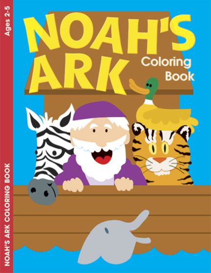 La portada del libro para colorear muestra a Noé, en forma de dibujo animado, junto a una cebra, un tigre, un pato y un delfín en el arca. El texto reza: «Libro de actividades para colorear: EL ARCA DE NOÉ». Perfecto para niños de 2 a 4 años; apto a partir de los 2,5 años.