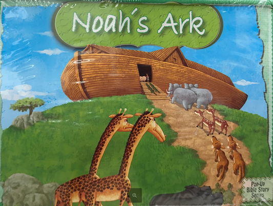 Ilustración del Arca de Noé con parejas de animales —entre ellos jirafas, elefantes y ciervos— subiendo por una rampa hacia una gran embarcación de madera bajo un cielo parcialmente nublado.