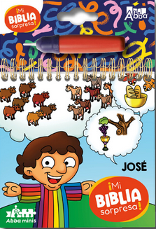 Libro infantil con ilustraciones a todo color y portada titulada «José», de la serie «¡Mi Biblia Sorpresa!», en la que aparece un niño sonriente con bocadillos en los que se ven vacas, una cesta y una copa. Perfecto para los pequeños lectores a los que les encantan las historias bíblicas atractivas.