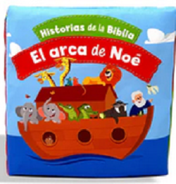 La portada del libro infantil titulado *El arca de Noé* muestra a Noé, a los animales y un arca sobre el agua, con el subtítulo «Historias de la Biblia» en una banda verde; es perfecta como una biblia suave para bebés.