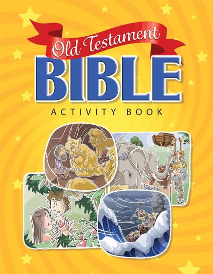 Portada de un libro de actividades sobre el Antiguo Testamento con ilustraciones de dibujos animados de historias bíblicas, como Daniel en la fosa de los leones, el Arca de Noé y Moisés abriendo el Mar Rojo; ideal para actividades bíblicas con niños.
