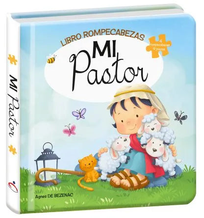 Libro infantil titulado «Mi Pastor», en el que aparece ilustrado un niño pastor con ovejas, un gato y una abeja en un prado. Este libro incluye un rompecabezas e contiene 9 piezas para montar mientras se disfruta de la historia.