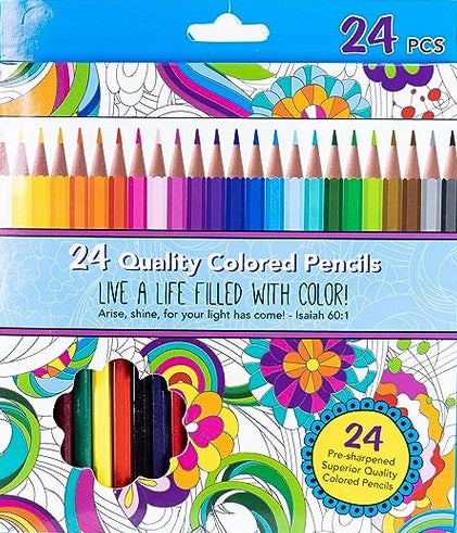 Una caja de 24 lápices de colores expuesta sobre un fondo floral y colorido, con un texto que destaca su calidad y una cita bíblica de Isaías 60:1.