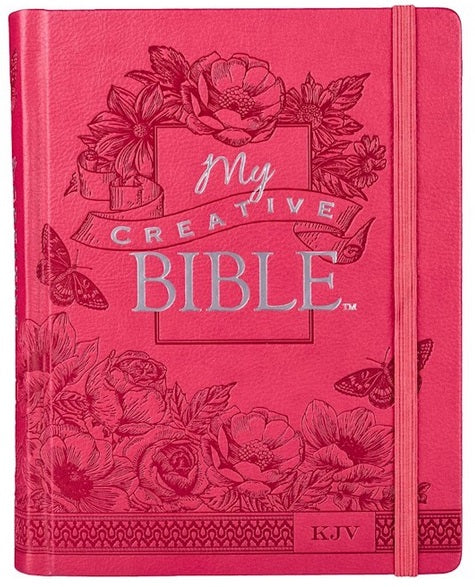 Una Biblia KJV de color rosa, con relieve floral, en tapa dura de LuxLeather con letras plateadas, cierre con banda elástica e ilustraciones inspiradoras de pasajes bíblicos a lo largo de todo el libro.