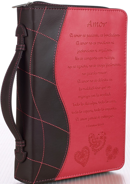 Funda para la Biblia rosa y marrón con cremallera, asa, costuras decorativas y un pasaje de 1 Corintios 13 sobre el amor, en español, bellamente grabado en la parte delantera. Confeccionada en cuero sintético resistente para una protección duradera.