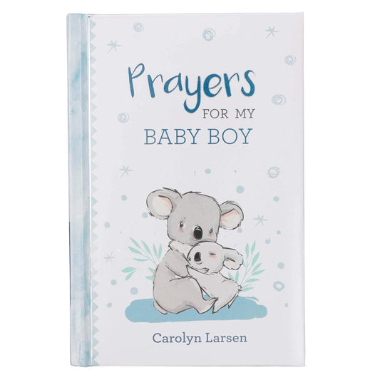 Portada del libro titulado «Prayers for My Baby Boy», de Carolyn Larsen, en la que aparecen koalas ilustrados sentados juntos sobre un fondo azul con detalles en azul claro, ideal como recuerdo con oraciones para un niño o como un bonito libro de oraciones para un niño.