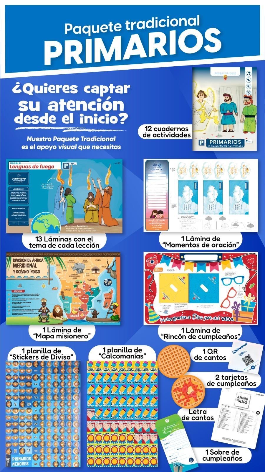 Folleto promocional de un paquete de actividades de Primarios, que incluye cuadernos de actividades, láminas didácticas, un mapa misionero, fichas didácticas, mapas, pegatinas, hojas de oración, calendarios y cupones, todo ello organizado por secciones.