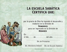 Un colorido certificado de promoción con una ilustración de Jesús sentado entre niños y mujeres. El texto certifica el paso de un niño de la clase de primarios a la de Menores en la Escuela Sabática, y cuenta con espacios para la fecha y las firmas.