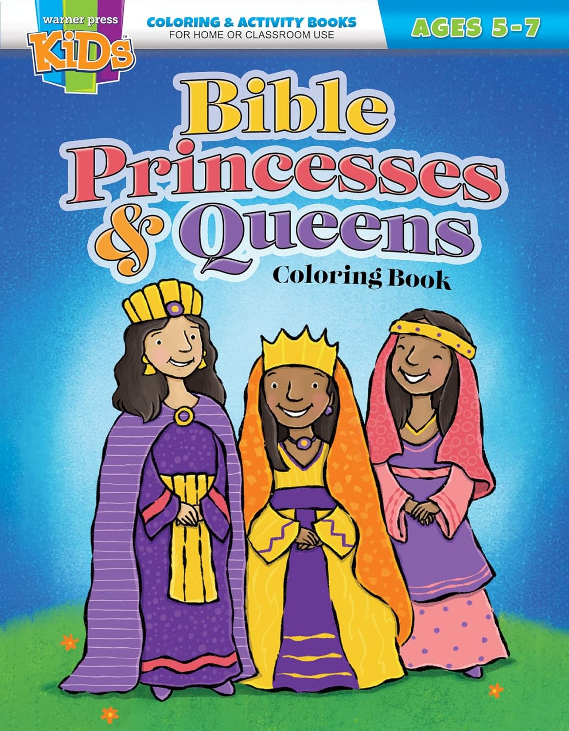 Portada de un libro para colorear titulado «Princesas y reinas de la Biblia», en el que aparecen tres mujeres ilustradas con atuendos reales sobre un fondo azul. Un libro para colorear perfecto para niños de entre 5 y 7 años.