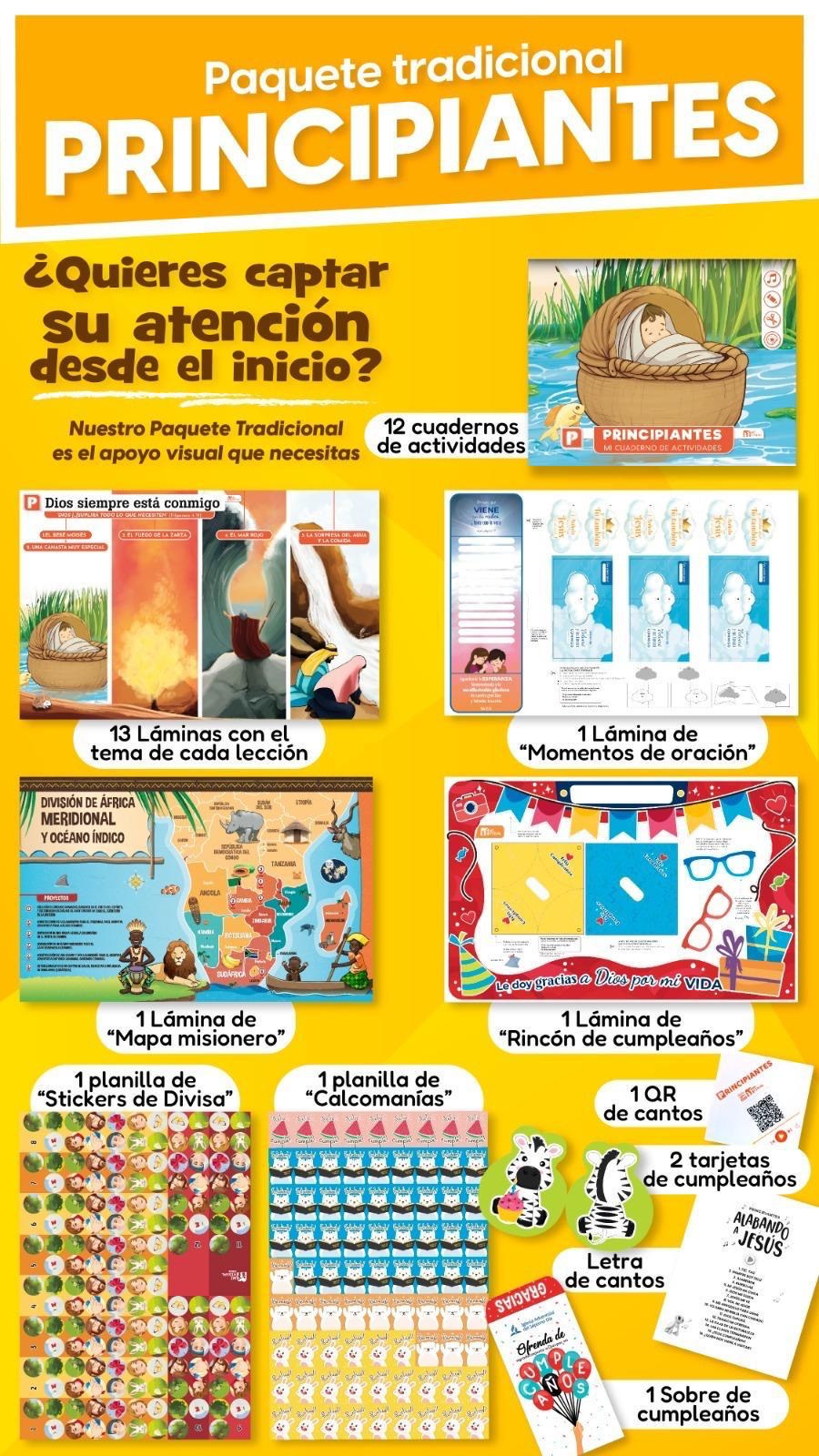 Imagen promocional en la que se muestra el contenido de un «Paquete tradicional PRINCIPIANTES», que incluye cuadernos de actividades, láminas didácticas, un mapa misionero, pegatinas, tarjetas de cumpleaños y otros materiales educativos para niños.