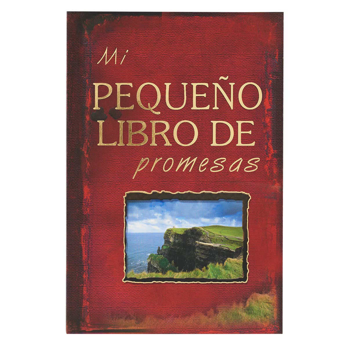 Portada roja del libro titulado «Mi pequeño libro de promesas», un libro cristiano en cuya portada aparece una pequeña imagen de acantilados y el mar sobre la hierba. En su interior, los lectores descubrirán versículos bíblicos inspiradores y promesas de Dios para cada día.
