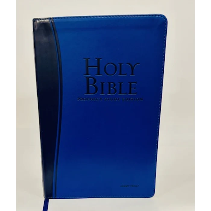 Una Biblia de estudio sobre la profecía (NKJV) encuadernada en cuero azul, con la inscripción «Prophecy Study Edition» en la portada y una franja vertical azul oscuro a lo largo del lomo, perfecta para explorar las profecías bíblicas.