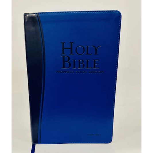 Una Biblia de estudio sobre la profecía (NKJV) encuadernada en cuero azul, con la inscripción «Prophecy Study Edition» en la portada y una franja vertical azul oscuro a lo largo del lomo, perfecta para explorar las profecías bíblicas.