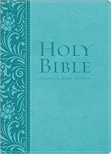 Una Biblia de estudio sobre profecías NKJV encuadernada en cuero turquesa, con motivos florales en relieve a la izquierda y las palabras «Holy Bible Prophecy Study Edition» en la portada, perfecta para explorar las profecías bíblicas y las guías de estudio de Amazing Facts.