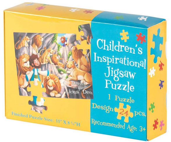 Caja de rompecabezas inspirador para niños, con una ilustración de Daniel en el foso de los leones; juego de 24 piezas; medidas: 11 x 8 pulgadas; recomendado para mayores de 3 años.