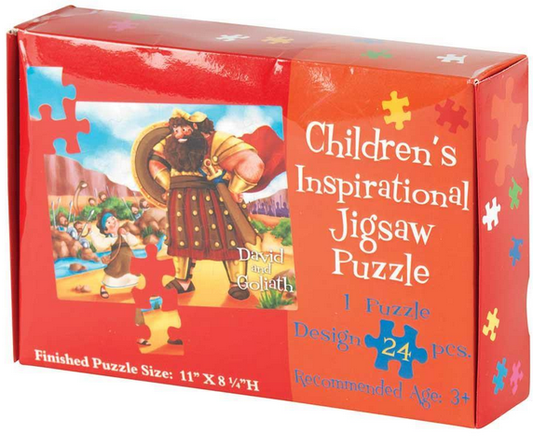 Caja de rompecabezas infantil con una ilustración de David y Goliat, texto que indica «24 piezas», de 11 x 8 pulgadas, recomendada para niños a partir de 3 años.