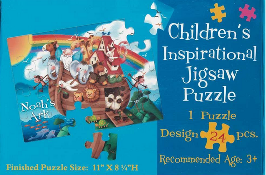 Caja de un rompecabezas infantil de 24 piezas titulado «El Arca de Noé», en el que aparecen animales de dibujos animados en el arca; recomendado para niños a partir de 3 años. Mide 11 x 8 pulgadas e incluye 24 piezas fáciles de encajar para manos pequeñas.