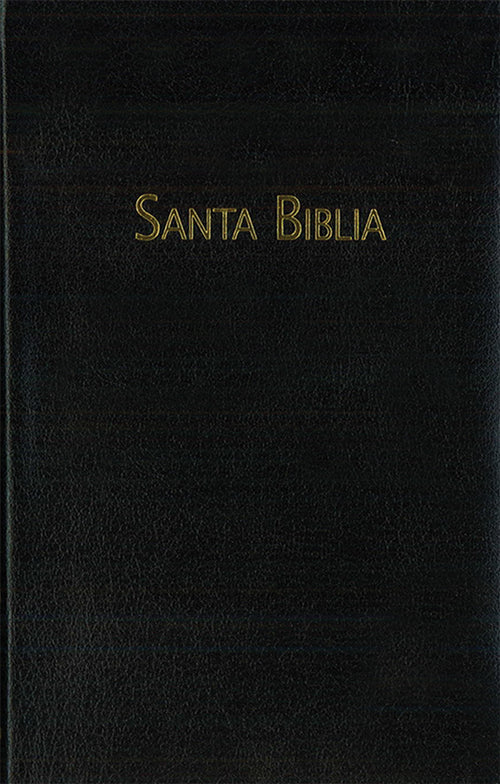 Cubierta de cuero negro de un libro con el título «Santa Biblia» escrito en letras doradas: Biblia de piel negra Reina-Valera Contemporánea.