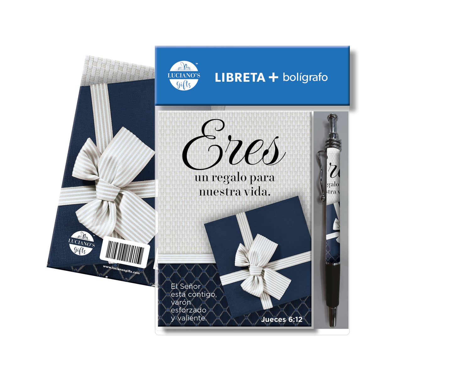 El set de regalo de papelería incluye un cuaderno cristiano azul marino con un lazo a rayas, una tarjeta a juego y un bolígrafo incluido. En la portada del cuaderno se lee: «Eres un regalo para nuestra vida».
