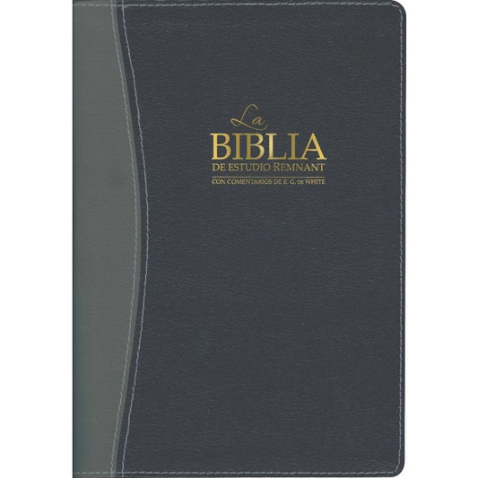 Portada de «La Biblia de Estudio Remnant Reina-Valera», con texto en dorado sobre un fondo oscuro de imitación de cuero, que incluye comentarios de Elena G. de White y estudios temáticos bíblicos.