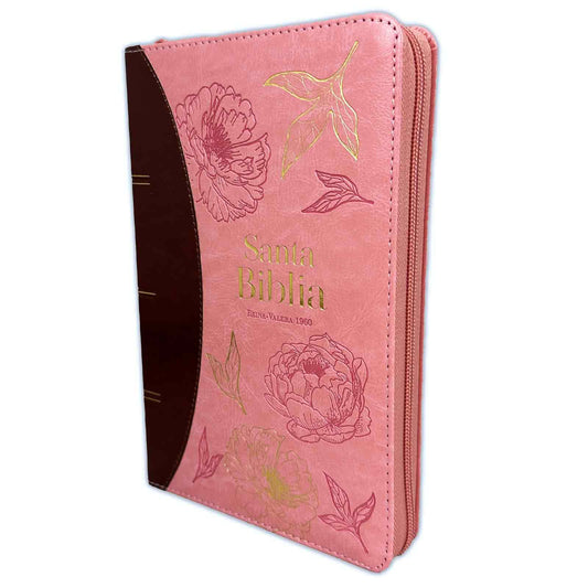 Una Biblia con referencias, de color rosa y marrón, con cremallera, adornada con motivos florales y con la inscripción «Santa Biblia Reina-Valera 1960 (RVR 1960)» en letras doradas.