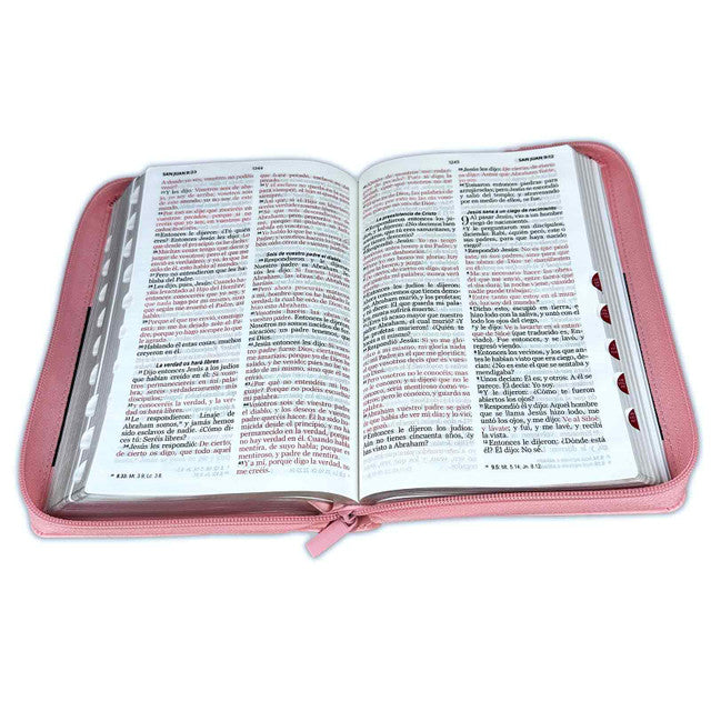 Biblia en español con una cubierta rosa con cremallera, que presenta el texto en dos columnas y las «Palabras de Jesús» en rojo. Esta «Biblia con referencias RVR 1960» aparece fotografiada sobre un fondo blanco.