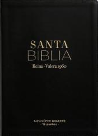 Tapa negra de una Biblia en piel, Biblia española con texto en dorado que reza «Santa Biblia, Reina-Valera 1960» y texto más pequeño en la parte inferior.