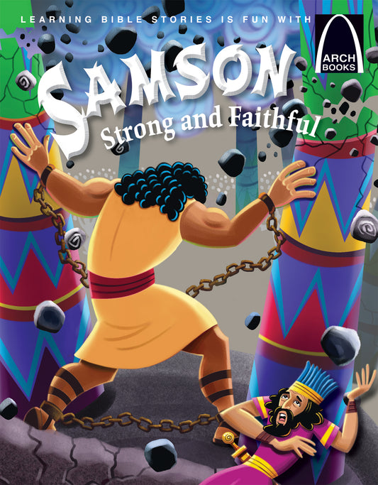 Ilustración en la que Sansón se libera de las cadenas y separa dos pilares mientras caen los escombros y un hombre con corona observa la escena. Inspirada en Jueces 15-16, esta escena da vida a «Sansón: fuerte y fiel».