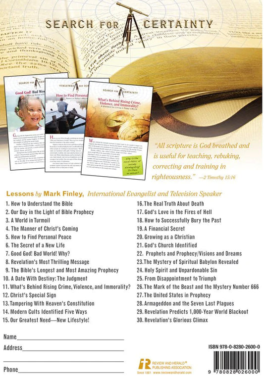 Contraportada de un folleto religioso actualizado que incluye 30 lecciones de Mark Finley, espacios para los datos de contacto y una Biblia abierta con una brújula en la parte superior.