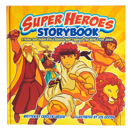 Portada del libro de cuentos «Superhéroes», en el que aparecen héroes bíblicos ilustrados en poses de acción sobre un fondo de colores amarillo y naranja vivos, ideal para los aficionados a las Biblias en formato cómic y a las historias bíblicas atractivas para niños.