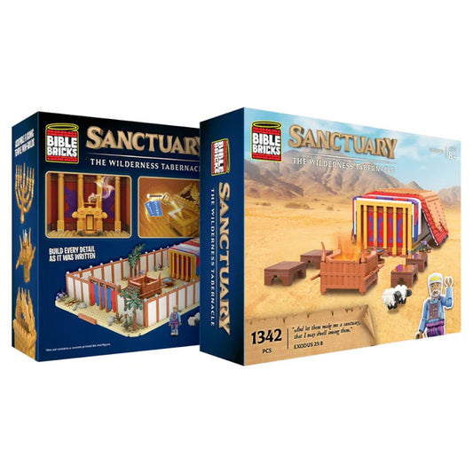Dos sets de juguetes «Bible Bricks» para construir el Tabernáculo del Desierto; cada caja muestra el modelo terminado con figuras, animales y detalles del tabernáculo —incluido el Arca de la Alianza— sobre un fondo desértico. Perfectos para los aficionados que busquen un set de construcción cristiano o para quienes disfruten con las creaciones de LEGO del Tabernáculo.