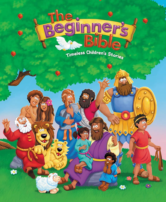 Ilustración de dibujos animados de personajes bíblicos y animales bajo un árbol con manzanas, en la que aparece en la parte superior el título «The Beginners Bible: Timeless Children’s Stories», con ilustraciones a todo color que dan vida a las historias clásicas de la Biblia.
