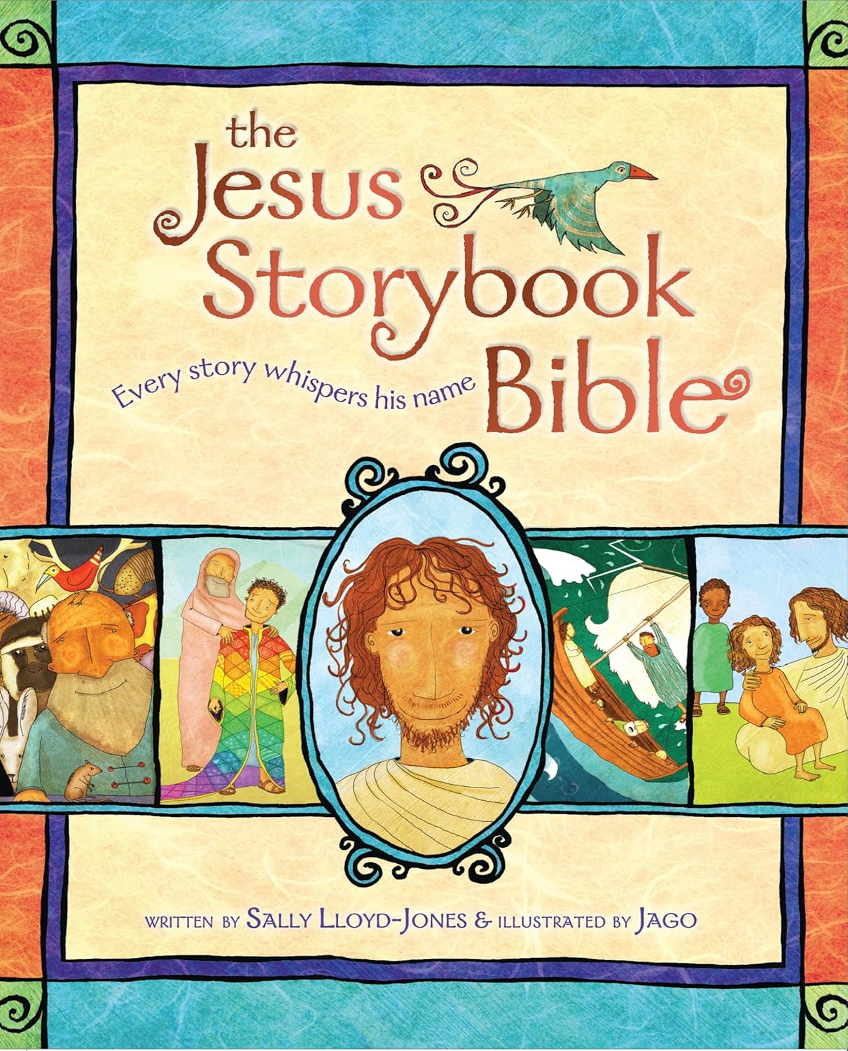 Portada de *The Jesus Storybook Bible*, con ilustraciones de historias bíblicas y una imagen central de Jesús, con texto de Sally Lloyd-Jones e ilustraciones de Jago: una Biblia infantil muy querida.
