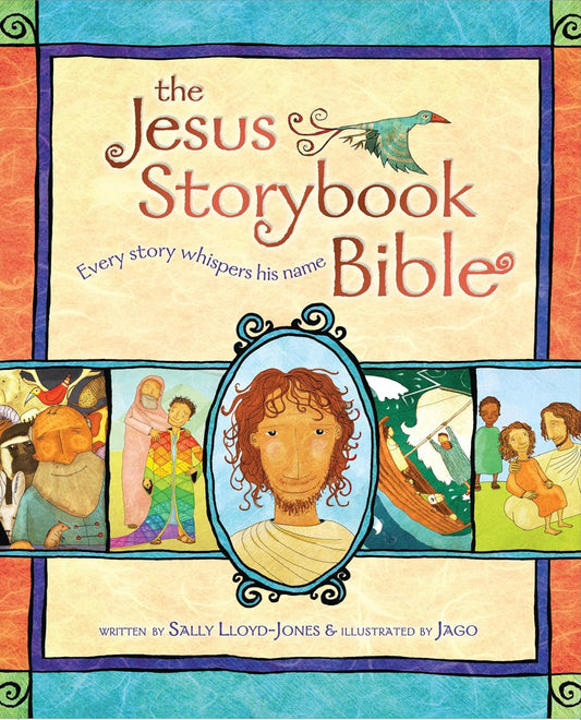 Portada de *The Jesus Storybook Bible*, con ilustraciones de historias bíblicas y una imagen central de Jesús, con texto de Sally Lloyd-Jones e ilustraciones de Jago: una Biblia infantil muy querida.