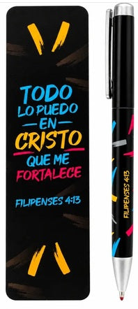 Un juego de marcapáginas y bolígrafo con la frase en español Todo lo puedo en Cristo que me fortalece y la referencia de Filipenses 4:13.
