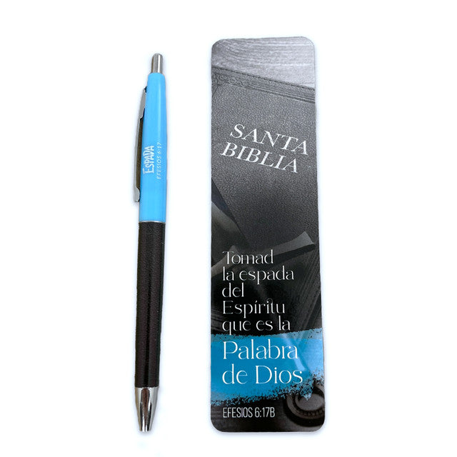 Junto a un separador en el que aparece la imagen de una Biblia y el versículo en español de Efesios 6:17 hay un bolígrafo azul y negro.